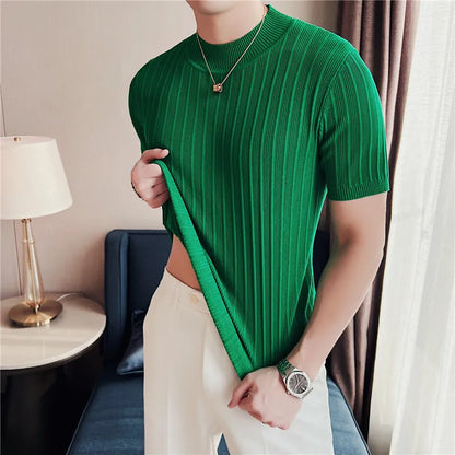 Men's Short Sleeve Slim Fit Knitted Elastic T-Shirt 