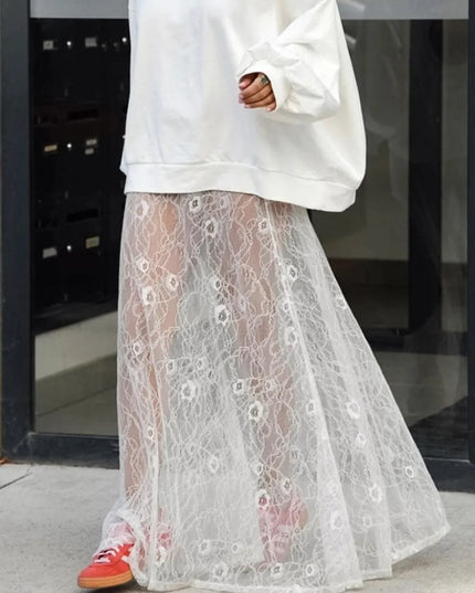 Elegant Jacquard Lace Sheer Maxi Skirt for Women with Elastic Waist and Transparent Design