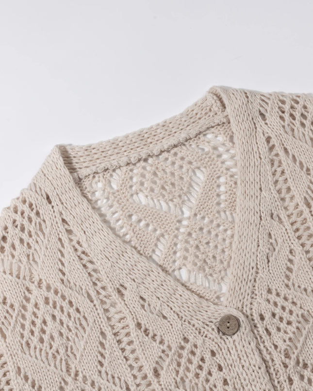 Women's Casual Long Sleeve Button-Down Hollow Knit Cardigan Sweater