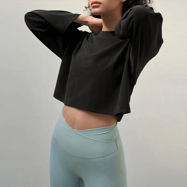 Women's Cotton Casual Long-Sleeved Cropped Loose Sweater