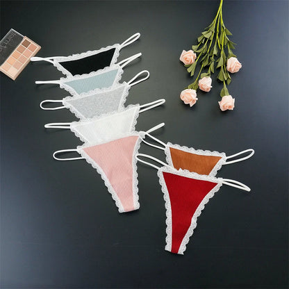 7-Pack Women's Lace Cotton Thong Panties - Thin Strap, Low Waist, Breathable
