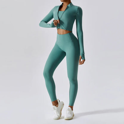 3-Piece Women's Workout Sets | Sportswear Gym Clothing with Zipper Long Sleeve Top & High-Waisted Leggings