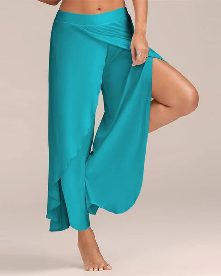 Women's Slit Flared Palazzo Trousers - Wide Leg Chiffon Pants with Side Split