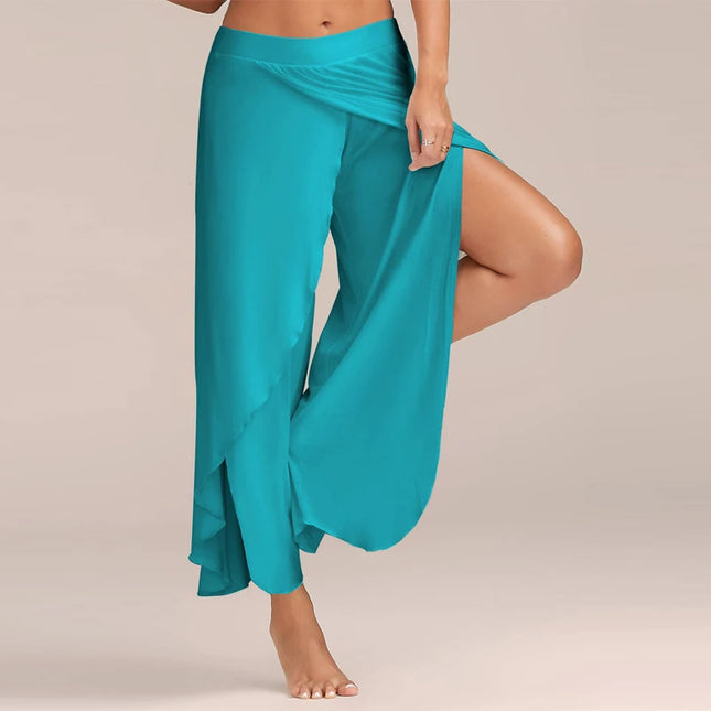 Women's Slit Flared Palazzo Trousers - Wide Leg Chiffon Pants with Side Split