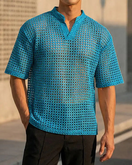 Incerun Men's Hollow Out V-Neck Short Sleeve T-Shirt - See-Through Loose Fit