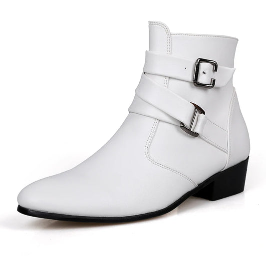Men's Leather Chelsea Boots - Casual High-Top with Buckle Strap