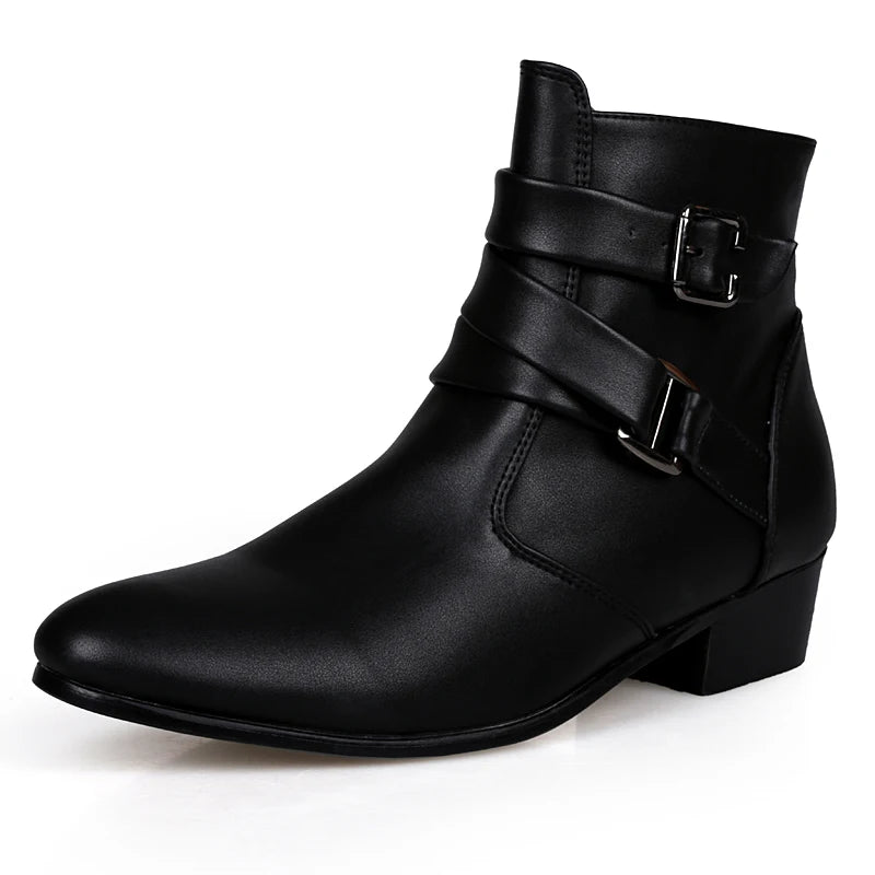 Men's Leather Chelsea Boots - Casual High-Top with Buckle Strap