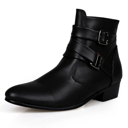 Men's Leather Chelsea Boots - Casual High-Top with Buckle Strap