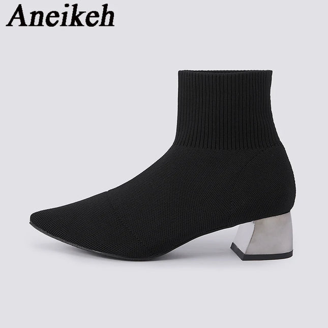Aneikeh Women's Elegant Knit Stretch Ankle Boots