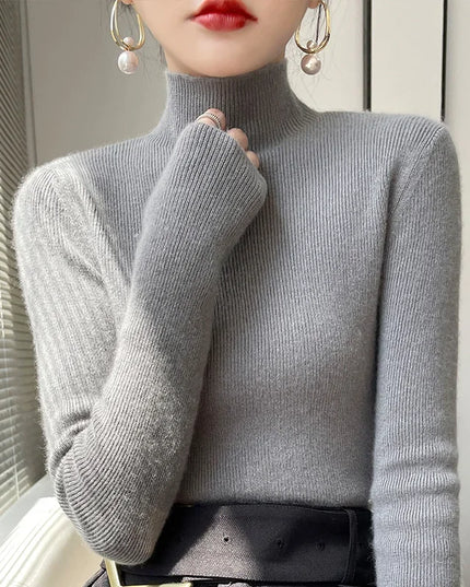 Ribbed Neck Sweater for Women - Fitted Knitted Pullovers
