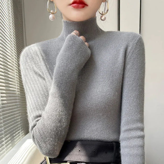 Ribbed Neck Sweater for Women - Fitted Knitted Pullovers