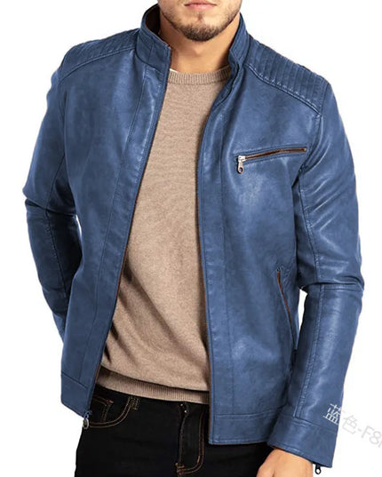 Men's PU Leather Jacket with Stand-Up Collar