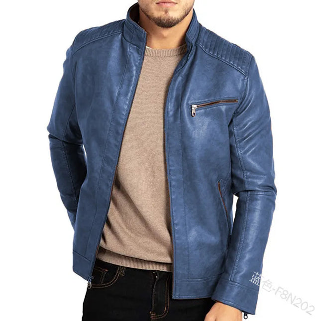 Men's PU Leather Jacket with Stand-Up Collar