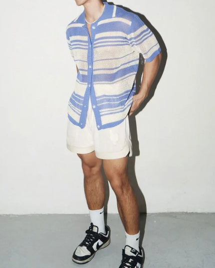 Men's Casual Loose Short-Sleeved Knitted Shirt with Lapel, Hollow-Out Design, and Stripes