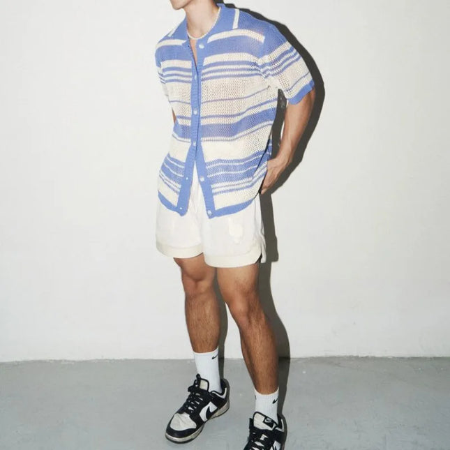 Men's Casual Loose Short-Sleeved Knitted Shirt with Lapel, Hollow-Out Design, and Stripes
