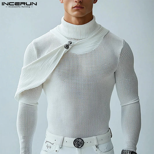INCERUN Men's Mesh Splicing High Neck Sweater - Thin & Textured Knitwear
