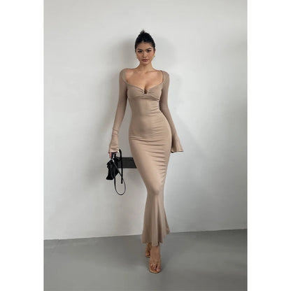 Elegant Women's V-Neck Dress with Flare Sleeves and High Waist Slim Fit Fish Tail Design