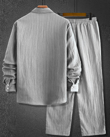 Men’s Casual Crinkle-Textured Two-Piece Set with Loose-Fit Shirt and Straight-Leg Pants