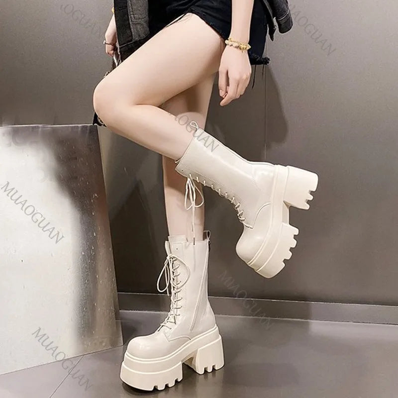 Women's Faux Leather Platform Boots - Mid-Calf Lace-Up Chunky High Heel Boots