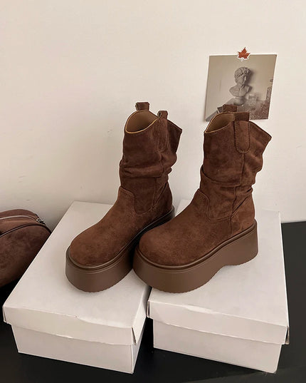 Chunky Platform Ankle Boots for Women - Thick Sole, Round Toe, Slip-On Design