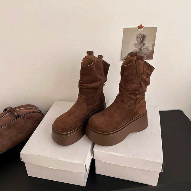 Chunky Platform Ankle Boots for Women - Thick Sole, Round Toe, Slip-On Design