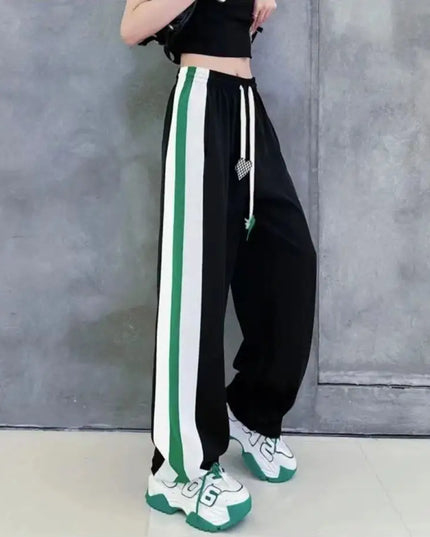 Women’s High Waist Elastic Sweatpants with Drawstring & Striped Design