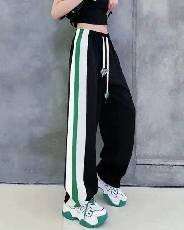 Women’s High Waist Elastic Sweatpants with Drawstring & Striped Design
