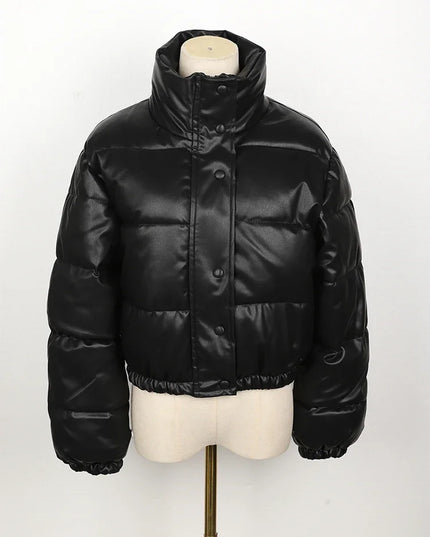 Women's Short PU Leather Parka -  Cotton Padded Down Jacket