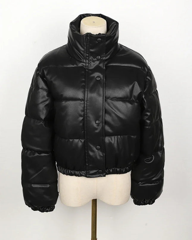 Women's Short PU Leather Parka -  Cotton Padded Down Jacket