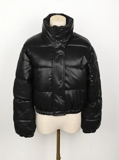 Women's Short PU Leather Parka -  Cotton Padded Down Jacket