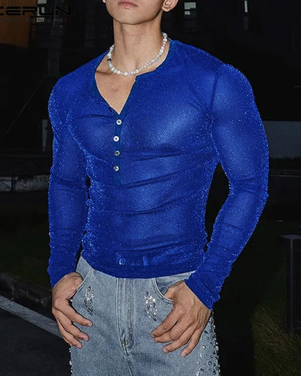 Men's Slim Fit Transparent Mesh Long Sleeve Henley Sweater