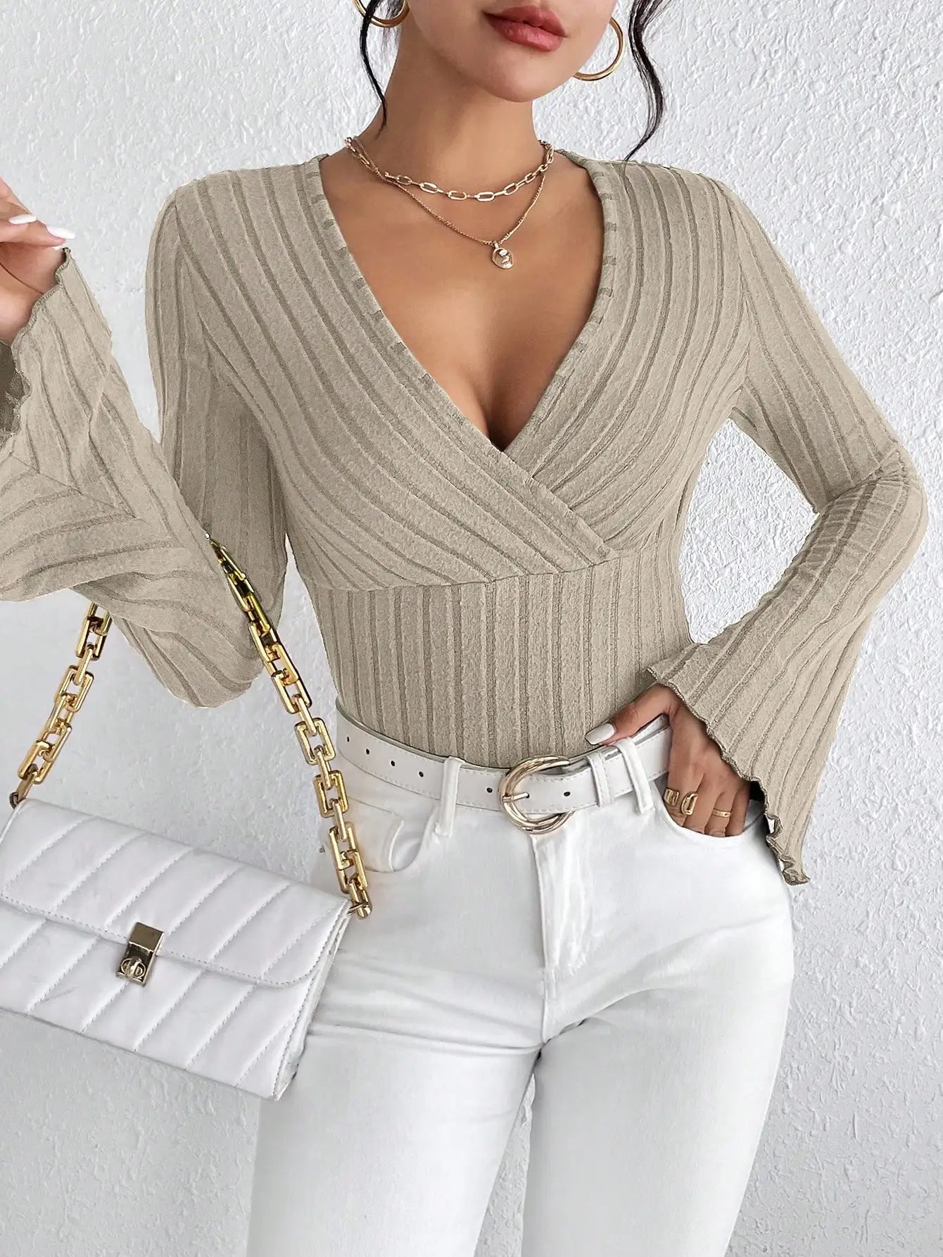Women's Long-Sleeve V-Neck Slim Fit Striped Sweater