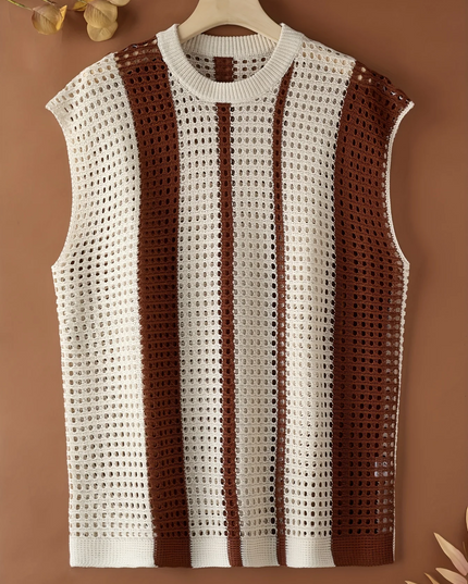 Men's Hollow-Out Knitted Striped Vest - Loose Fit