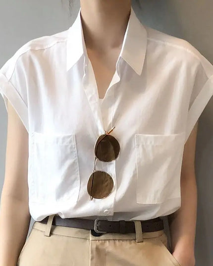 Women's Loose-Fitting Short Sleeve Shirt Blouse with Thin Style Lapel and Pocket