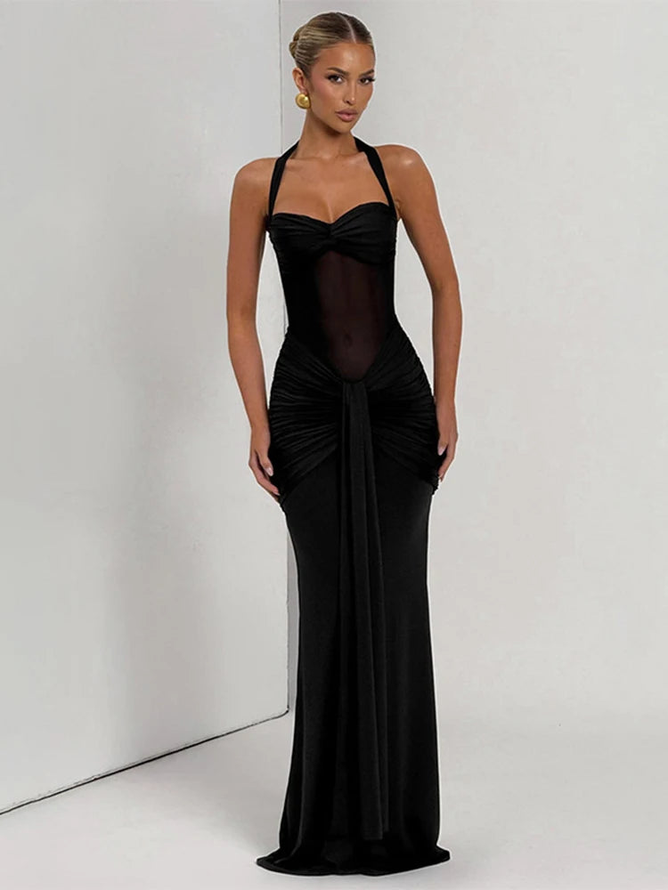 Elegant Women's Patchwork Maxi Dress with Sheer Ribbons, Halter Neck, Backless Bodycon Design