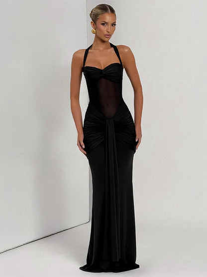 Elegant Women's Patchwork Maxi Dress with Sheer Ribbons, Halter Neck, Backless Bodycon Design