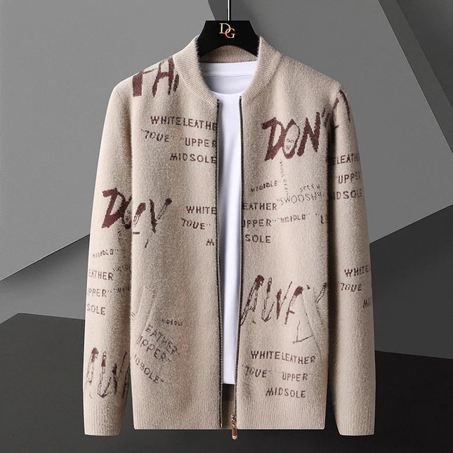 Retro Jacquard Men's Cardigan Jacket with Stand-Up Collar
