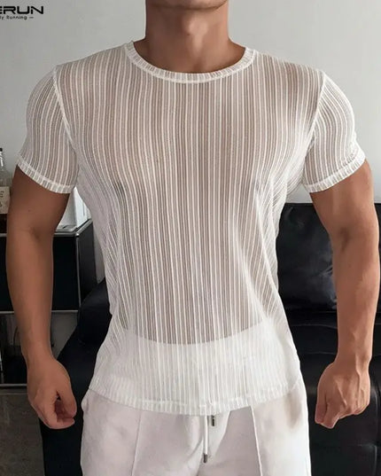 Incerun Men's Mesh See-Through Striped O-Neck T-Shirt