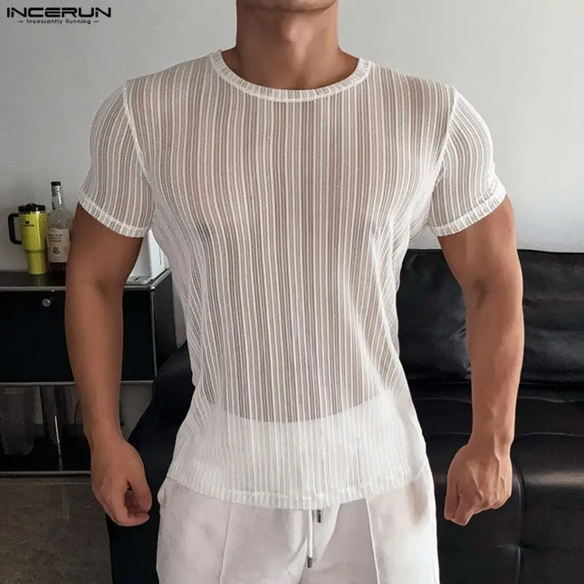 Incerun Men's Mesh See-Through Striped O-Neck T-Shirt