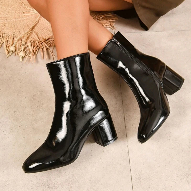 Women's Stretch Ankle Boots with Side Zipper and Mid Heel