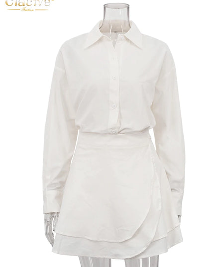 Women's Casual Loose Two-Piece Set with Long Sleeve Shirt and High-Waist Mini Skirt