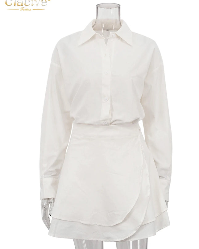Women's Casual Loose Two-Piece Set with Long Sleeve Shirt and High-Waist Mini Skirt