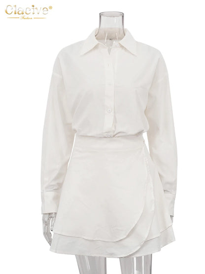 Women's Casual Loose Two-Piece Set with Long Sleeve Shirt and High-Waist Mini Skirt