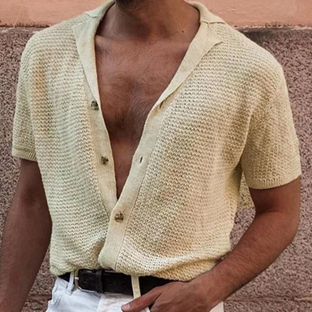 Men's Knitted Short Sleeve Shirt with Mesh Design