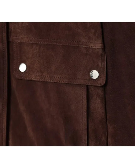 Women's Faux Suede Jacket with Pockets, High Collar, and Button Closure