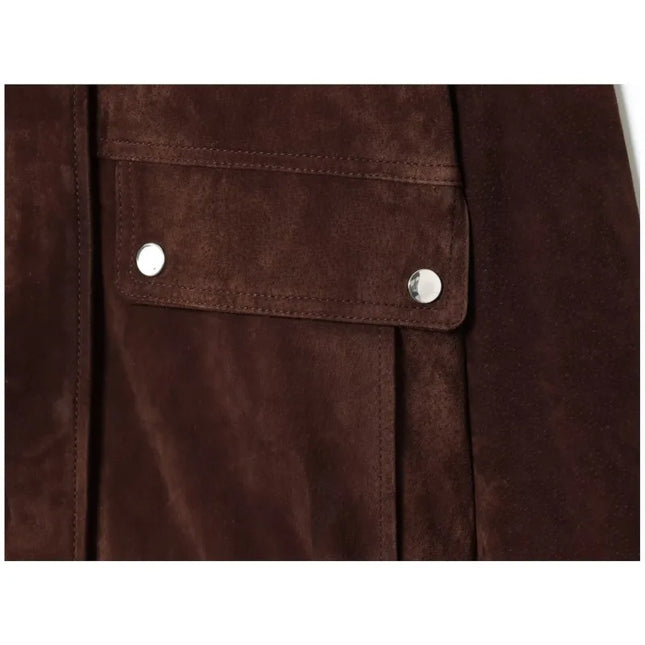 Women's Faux Suede Jacket with Pockets, High Collar, and Button Closure