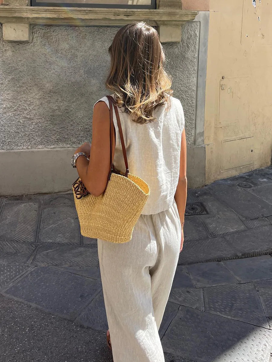 Women's Cotton Linen Two-Piece Vest and Pants Set