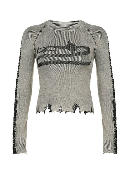 Womens Vintage Ripped Knitted Sweater with Harajuku Print