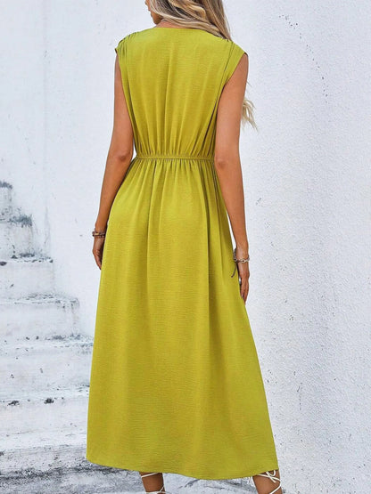 Women's Elegant Belted Midi Dress with Thin Front Straps