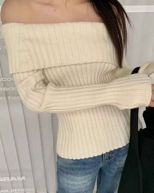 Off-the-Shoulder Knitted Pullover Sweater - Full Sleeve Knitwear for Women